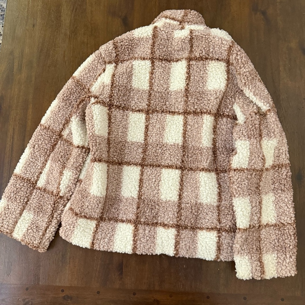 Stoosh Womens Plaid Teddy Fleece‎ Sherpa Jacket Brown Cream Zip Up Coat Small - Picture 3 of 4